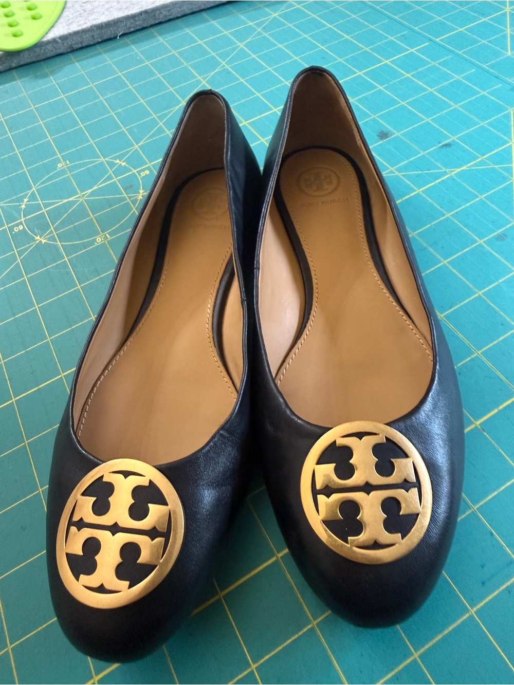 Tory Burch Black Leather Flats with Gold Logo Medallion